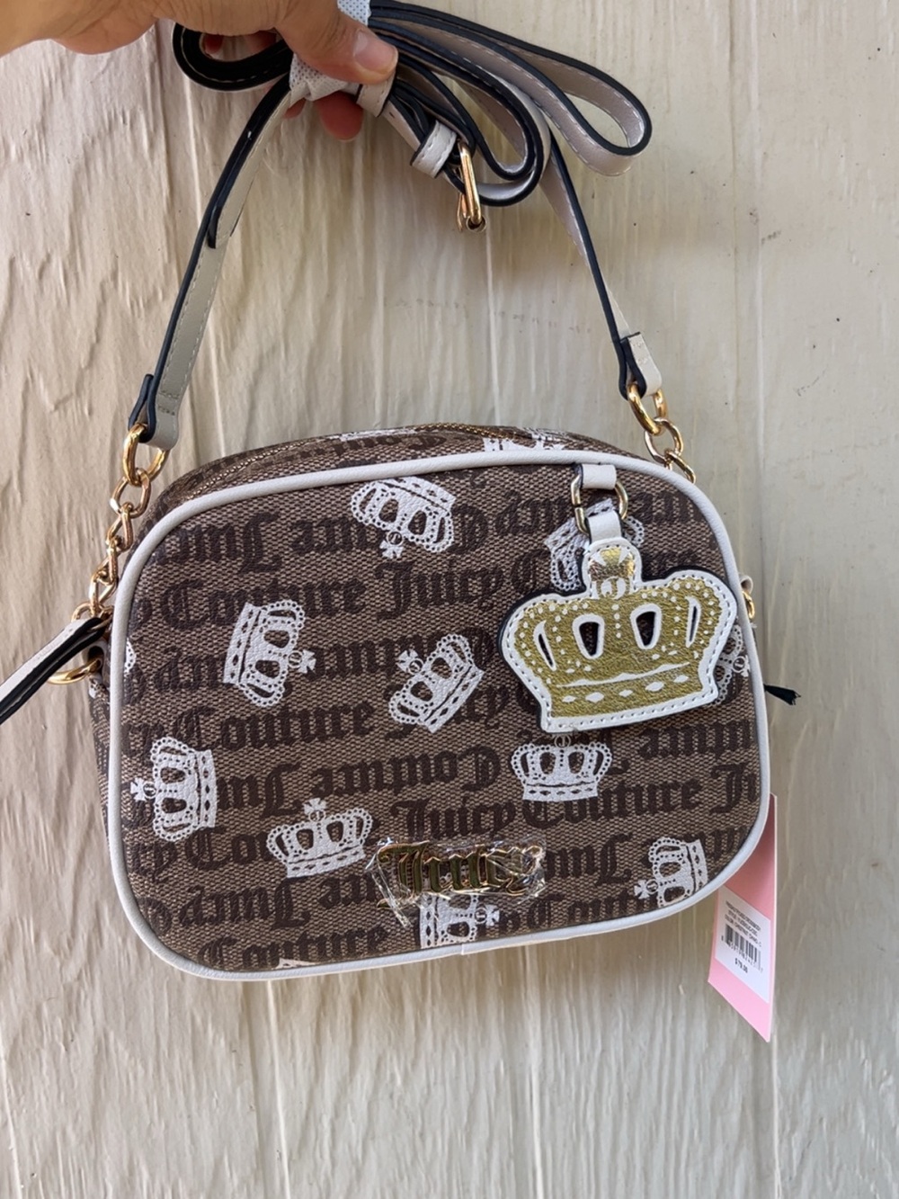 Juicy Couture Brown and White Crown Logo Crossbody Bag with Gold Charm